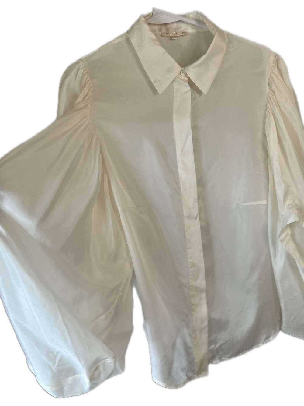 Gold Hawk Silk Cream Satin sheer Placket Blouse with Statement Balloon Sleeves
